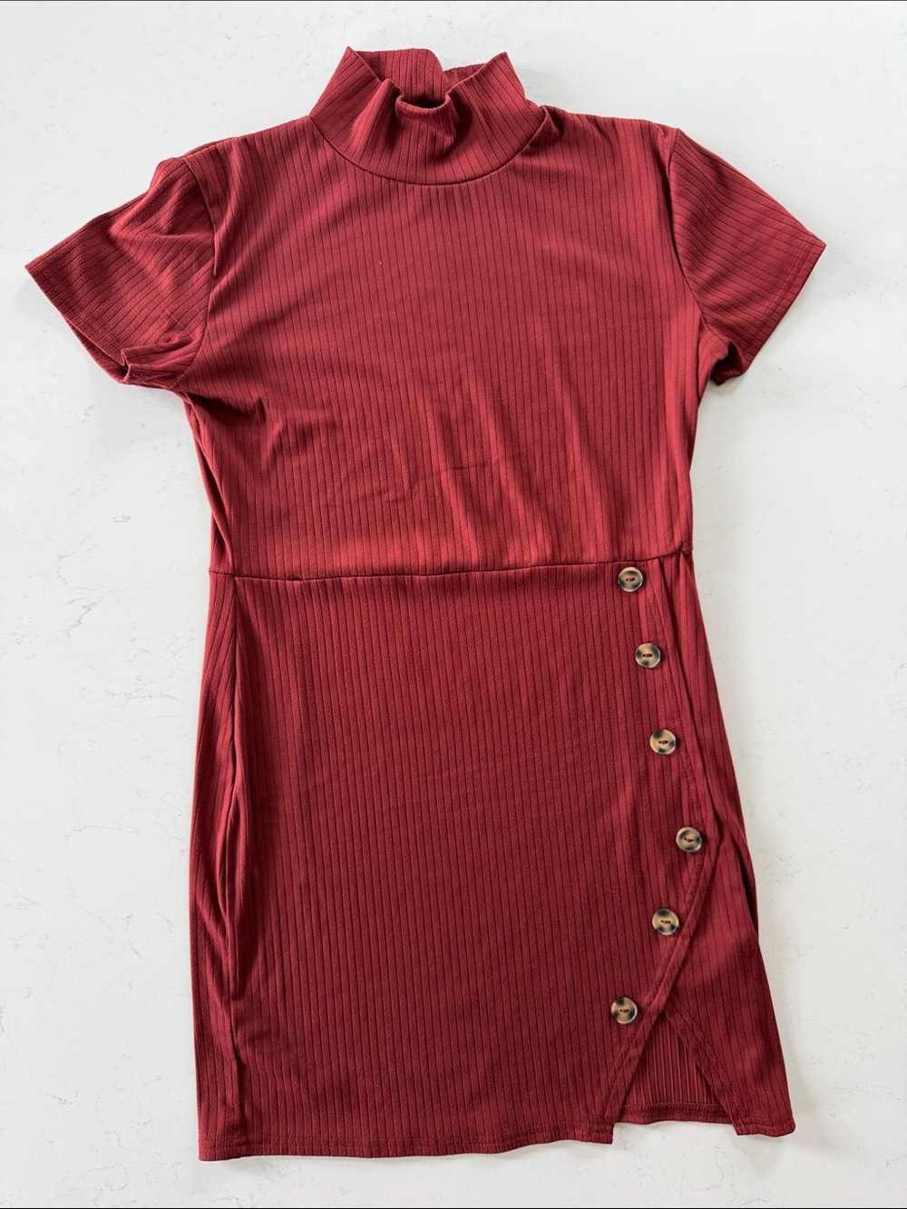 Derek Heart Ribbed Mock Neck Mini Dress in Wine Red with Side Button Trim